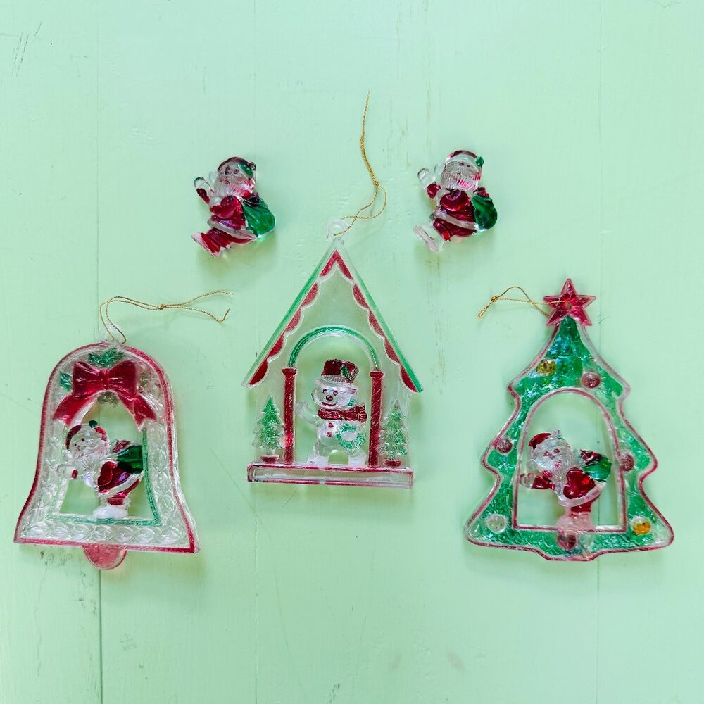 Vintage Mid Century Lucite Christmas Ornament and Crafting Lot Santa Snowman